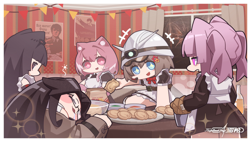 5girls :d absurdres animal_ears apron black_dress black_hair blue_eyes brown_hair callsign:_cedar carla_(callsign:_cedar) cat_ears cat_girl chibi chinese_commentary chinese_new_year chinese_text commentary_request copyright_name dress dumpling fireworks food goggles goggles_on_head grey_jacket hair_ornament hard_hat hat helmet highres indoors jacket looking_at_another maid_apron medium_hair meimei_(callsign:_cedar) meme mittens multiple_girls murphy_(callsign:_cedar) nyet!_(meme) official_art open_mouth pink_eyes plate propaganda purple_hair red_eyes ruby_(callsign:_cedar) russian_text saliva semi-rimless_eyewear short_hair smile squeans star_(symbol) star_hair_ornament star_in_eye sweat symbol_in_eye tiko_(callsign:_cedar) twintails under-rim_eyewear white_hat window