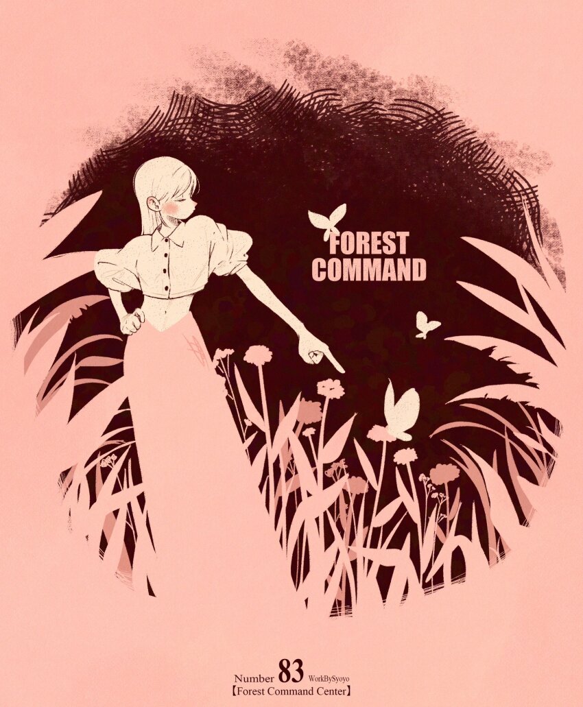 1girl blending blush bug butterfly closed_eyes collared_shirt english_text hand_on_own_hip highres insect leaf long_hair long_skirt midriff navel original pink_skirt plant pointing shirt skirt solo standing syooooyoooo white_hair white_shirt