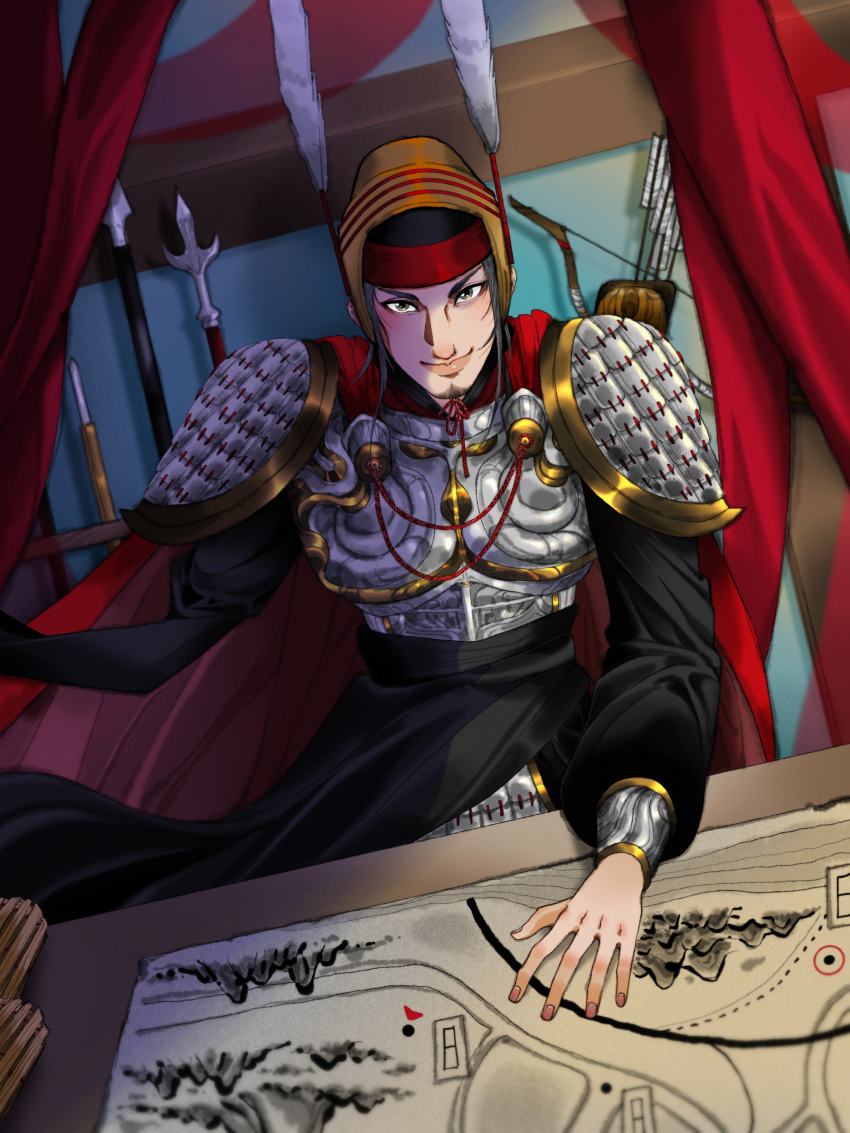 1boy absurdres armor arrow_(projectile) beard_stubble black_hair bow_(weapon) breastplate cape chinese_armor chinese_commentary chinese_empire chinese_text facial_hair feathers hand_on_table hand_up helmet highres lamellar_armor li_mu looking_at_viewer map original polearm quiver shoulder_armor shuirun_qingping smile solo spear stubble table warring_states weapon weapon_rack
