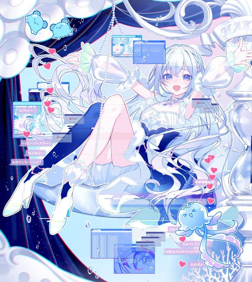 &gt;_&lt; 1girl 404 a20_(atsumaru) absurdres aitsuki_nakuru asymmetrical_legwear bloomers blue_eyes blue_socks blue_thighhighs bow commentary_request detached_sleeves dress dress_bow error_message heart high_heels highres http_status_code jellyfish la_priere long_hair looking_at_viewer official_art open_mouth second-party_source shoes single_thighhigh smile socks solo thighhighs translation_request underwear uneven_legwear very_long_hair white_bloomers white_bow white_dress white_hair white_shoes window_(computing)