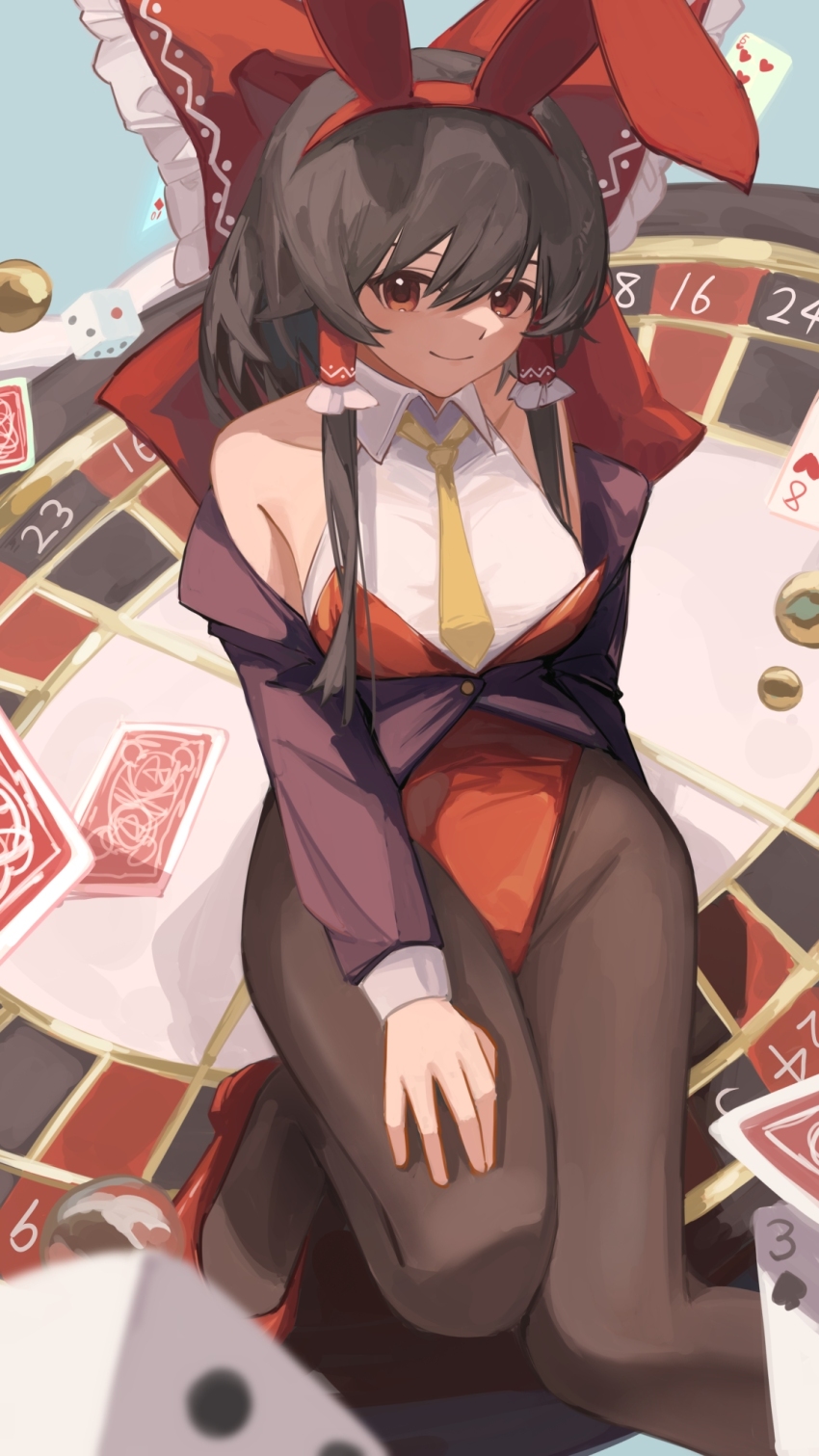 1girl adapted_costume animal_ear_hairband animal_ears black_hair black_pantyhose blue_background blurry blurry_foreground bow breasts brown_jacket card closed_mouth commentary_request dice fake_animal_ears floating_card frilled_bow frilled_hair_tubes frills from_above hair_between_eyes hair_bow hair_tubes hairband hakurei_reimu hand_on_own_knee highres hirachill16 jacket jacket_partially_removed large_breasts leotard long_hair long_sleeves looking_at_viewer necktie pantyhose partially_unbuttoned playboy_bunny playing_card rabbit_ears red_bow red_eyes red_leotard red_shoes roulette_table shaded_face shirt shoes simple_background sitting sleeveless sleeveless_shirt smile solo strapless strapless_leotard swept_bangs table touhou white_shirt white_wrist_cuffs wrist_cuffs yellow_necktie