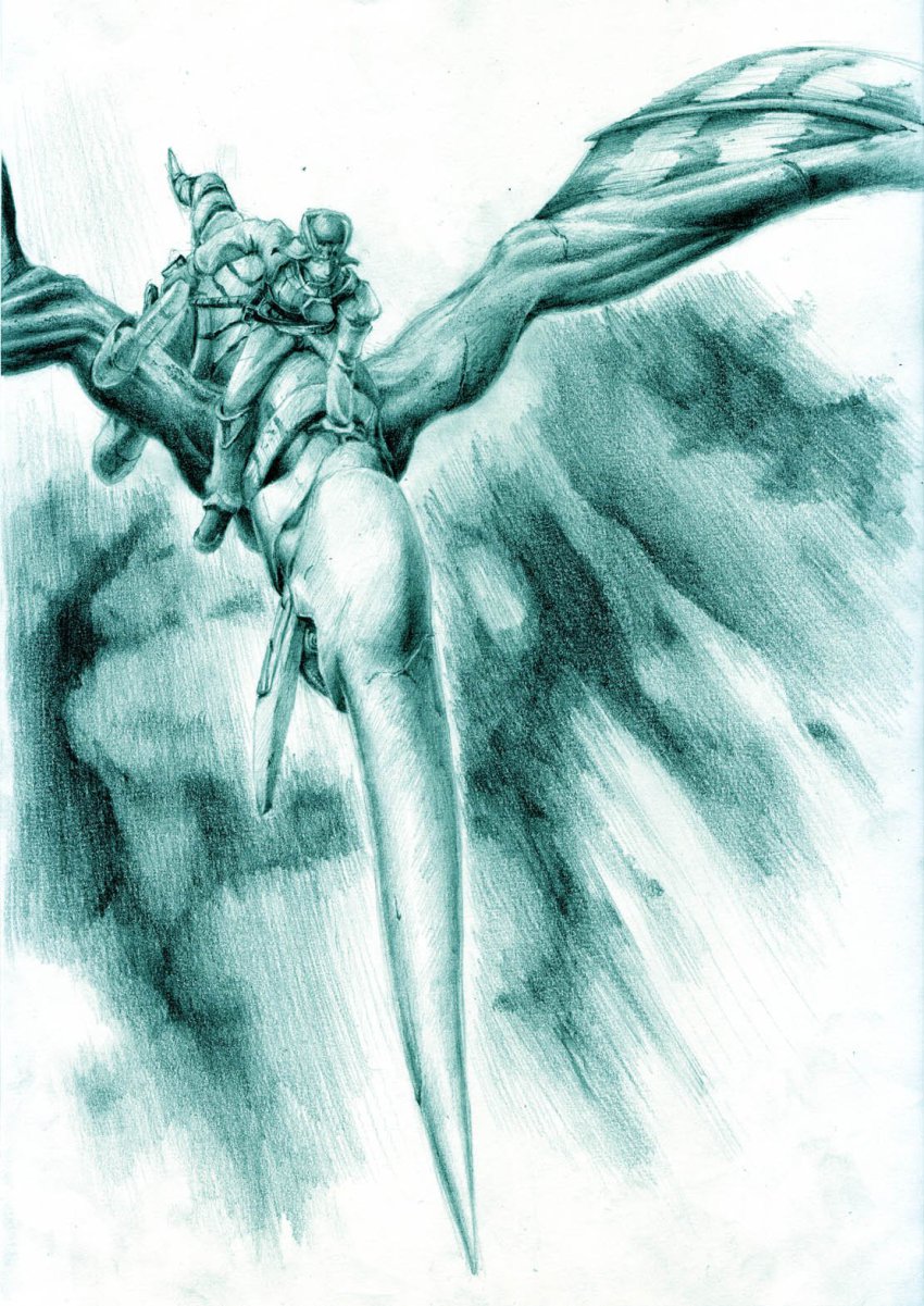 1boy armor dragon flying gun highres horns keil_fluge monochrome motion_lines panzer_dragoon riding saitaniya_ryouichi single_horn speed_lines traditional_media weapon wings