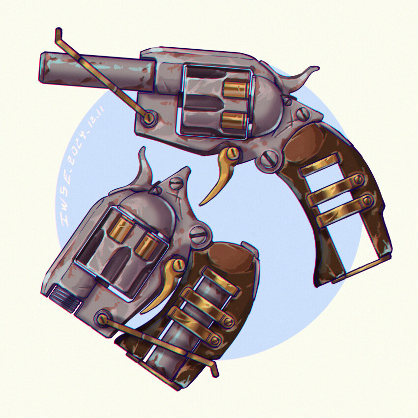 ammunition artist_name blue_background chromatic_aberration dated folding_gun gun handgun highres iwse_zhang multiple_views no_humans original revolver rust signature simple_background still_life transforming_weapon weapon weapon_focus