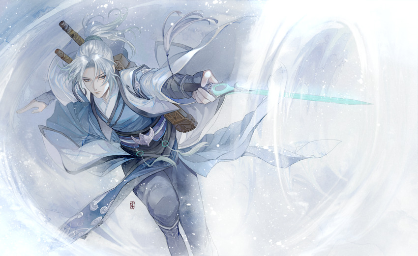 1boy black_boots black_pants blue_eyes blue_hanfu boots chinese_clothes cloak closed_mouth curtained_hair feet_out_of_frame floating_clothes floating_hair hanfu holding holding_sword holding_weapon jianxia_qingyuan_(series) jianxia_qingyuan_online_3 long_hair long_sleeves male_focus pants parted_bangs pointing_melee_weapon pointing_sword ponytail running seal_impression sideways_glance solo sword tassel weapon white_cloak white_hair yinzinmiemie