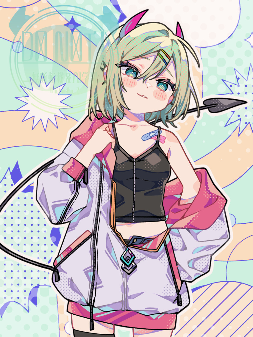 1girl bandaid bare_shoulders black_camisole black_thighhighs blush_stickers camisole commentary cowboy_shot demon_girl demon_horns demon_tail double-parted_bangs green_background green_hair hair_between_eyes hair_ornament hairclip highres horns jacket long_sleeves midriff navel notamaru_2 off_shoulder open_clothes open_jacket original outline parallel_hairclips parted_lips red_horns short_hair single_thighhigh solo tail thighhighs watermark white_jacket white_outline yellow_background