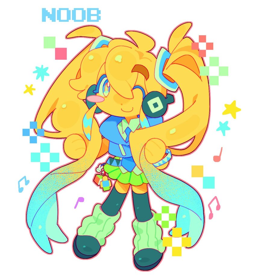 1other adapted_costume androgynous black_thighhighs blonde_hair blue_necktie chibi closed_mouth collared_shirt cosplay full_body gradient_hair green_skirt hatsune_miku hatsune_miku_(cosplay) highres leg_warmers long_hair looking_at_viewer multicolored_hair necktie noob_(roblox) one_eye_closed raccoon_tails_(hairstyle) roblox shirt sidelocks skirt smile solo tearryd thighhighs very_long_hair vocaloid white_leg_warmers white_shirt