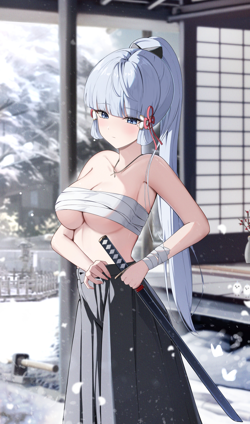 1girl absurdres adjusting_skirt ayaka_(genshin_impact) bandaged_arm bandages bandeau bare_shoulders black_skirt blue_eyes blunt_bangs bow breasts bug butterfly chest_sarashi closed_mouth cowboy_shot dojo genshin_impact hair_bow hair_ribbon high_ponytail highres holding holding_sword holding_weapon indoors insect interior jewelry large_breasts light_blush long_hair long_skirt looking_down midriff mole mole_under_eye necklace no_shirt ponytail red_ribbon ribbon sarashi sidelocks skirt snow solo standing stomach strapless sword tube_top underboob weapon white_butterfly white_hair winter yeni1871