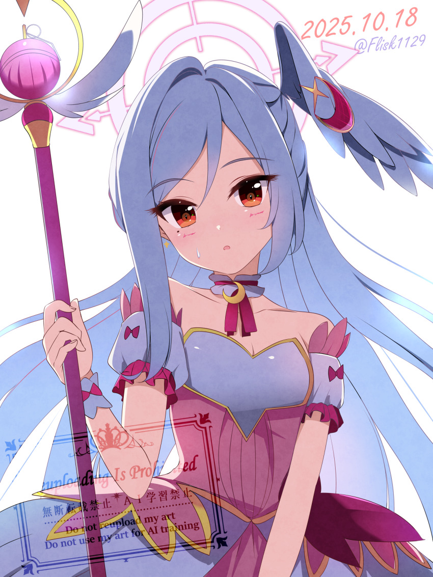 1girl absurdres bare_shoulders blue_archive breasts cleavage collarbone commentary_request detached_collar detached_sleeves dress furisuku_(gerbera) hair_intakes halo head_wings highres holding holding_wand light_blush long_hair looking_at_viewer magical_girl official_alternate_costume pink_dress pink_halo red_eyes shade simple_background single_head_wing solo suzumi_(blue_archive) suzumi_(magical)_(blue_archive) underbust upper_body very_long_hair wand white_background white_hair wings