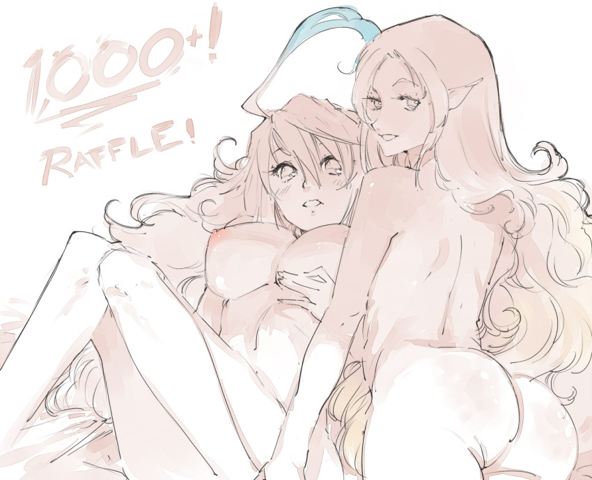 2girls ahoge ass bed_sheet breasts hand_on_own_chest kenshin187 large_breasts long_hair looking_back lying milla_maxwell multiple_girls muzet_(tales) nipples pointy_ears shoulder_blades tales_of_(series) tales_of_xillia wavy_hair
