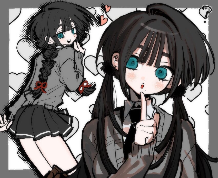 1bokllxllbok0 1girl aqua_eyes black_hair black_skirt blue_eyes border braid heart highres long_hair looking_at_viewer original pleated_skirt school_uniform skirt twintails