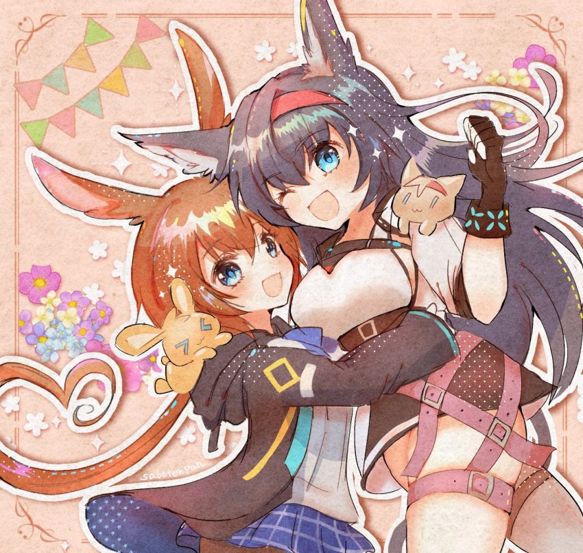 2girls amiya_(arknights) animal_ears arknights ascot black_hair blaze_(arknights) blue_eyes brown_hair cat_ears cat_girl fingerless_gloves gloves hairband highres hood hood_down hooded_jacket hug infection_monitor_(arknights) jacket long_hair low_ponytail multiple_girls one_eye_closed oonohara_kenya open_mouth plaid_clothes plaid_skirt ponytail rabbit_ears rabbit_girl skirt sparkle thigh_strap