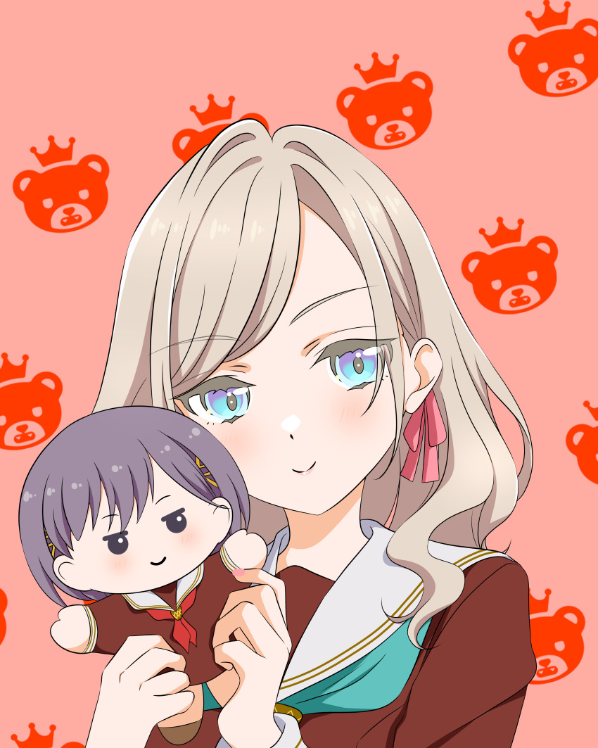 1girl absurdres aqua_neckerchief bear_background blue_eyes blush brown_dress ceras_yanagida_lilienfeld character_doll character_logo closed_mouth commentary_request doll dress grey_hair hair_intakes hair_ornament hair_ribbon hasu_no_sora_school_uniform highres holding holding_doll katsuragi_izumi kujo_awenn link!_like!_love_live! long_hair long_sleeves looking_at_viewer love_live! neckerchief pink_background pink_ribbon red_neckerchief ribbon sailor_collar sailor_dress school_uniform simple_background smile solo split_mouth triangle_hair_ornament upper_body virtual_youtuber white_sailor_collar winter_uniform