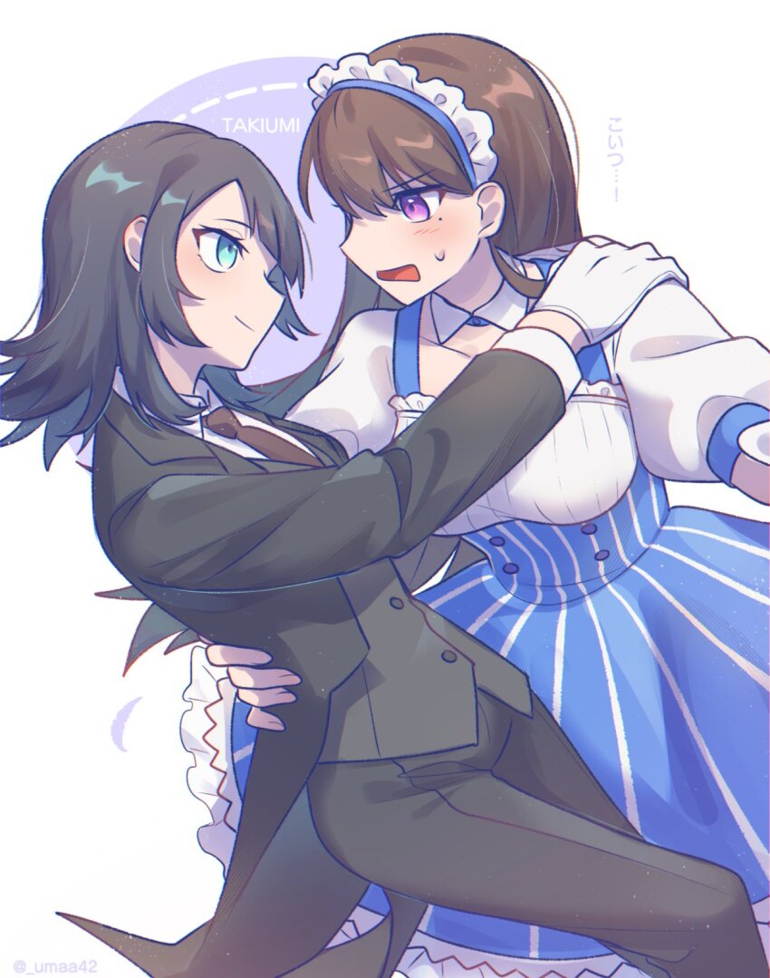2girls bang_dream! bang_dream!_it&#039;s_mygo!!!!! black_hair black_jacket black_pants black_suit black_vest blue_eyes blue_skirt blush brown_hair brown_necktie check_translation closed_mouth collared_shirt commentary formal_clothes gloves hand_on_another&#039;s_shoulder hand_on_another&#039;s_waist highres jacket long_hair looking_at_another maid_headdress multiple_girls necktie open_mouth pants purple_background purple_eyes shiina_taki shirt short_sleeves skirt smile suit sweatdrop translation_request twitter_username two-tone_background umaa42 vest white_background white_gloves white_headdress white_shirt yahata_umiri yuri