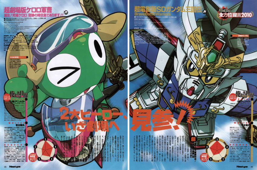 absurdres crossover goggles goggles_on_head gundam highres keroro keroro_gunsou magazine_scan newtype non-web_source one_eye_closed scan sd_gundam sword takase_kenichi thumbs_up weapon yoshinobu_inano