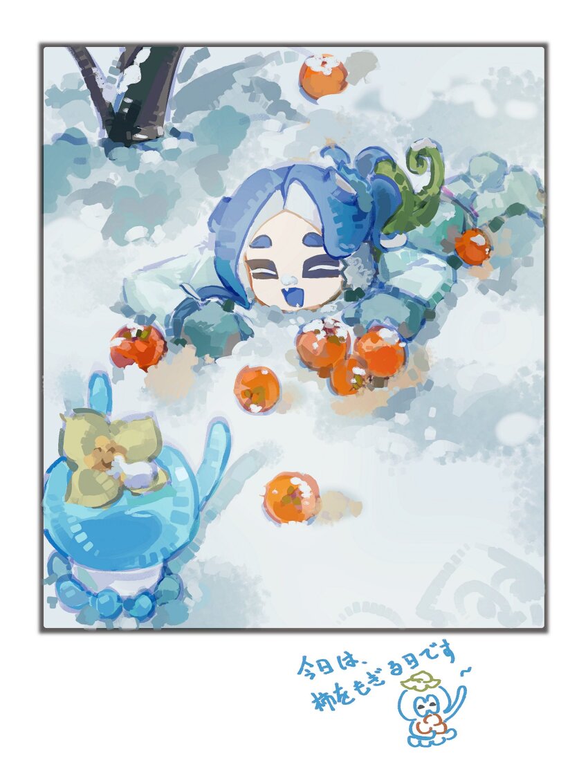 1girl apple blue_hair border closed_eyes food fruit highres jellyfish_(splatoon) long_hair lying mittens nintendo octoling octoling_girl octoling_player_character on_stomach outside_border smile snow solo splatoon_(series) splatoon_3 tentacle_hair thick_eyebrows white_border winter zeqwq