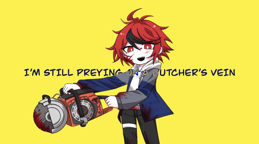 1boy ahoge black_hair blood blood_on_clothes blood_on_face english_text highres holding_saw looking_at_viewer messy_hair multicolored_hair open_mouth power_saw red_eyes red_hair saw solo solo_focus standing sumino_takumi takumi-g_(hundred_line) teeth the_hundred_line_-last_defense_academy- upper_teeth_only yellow_background