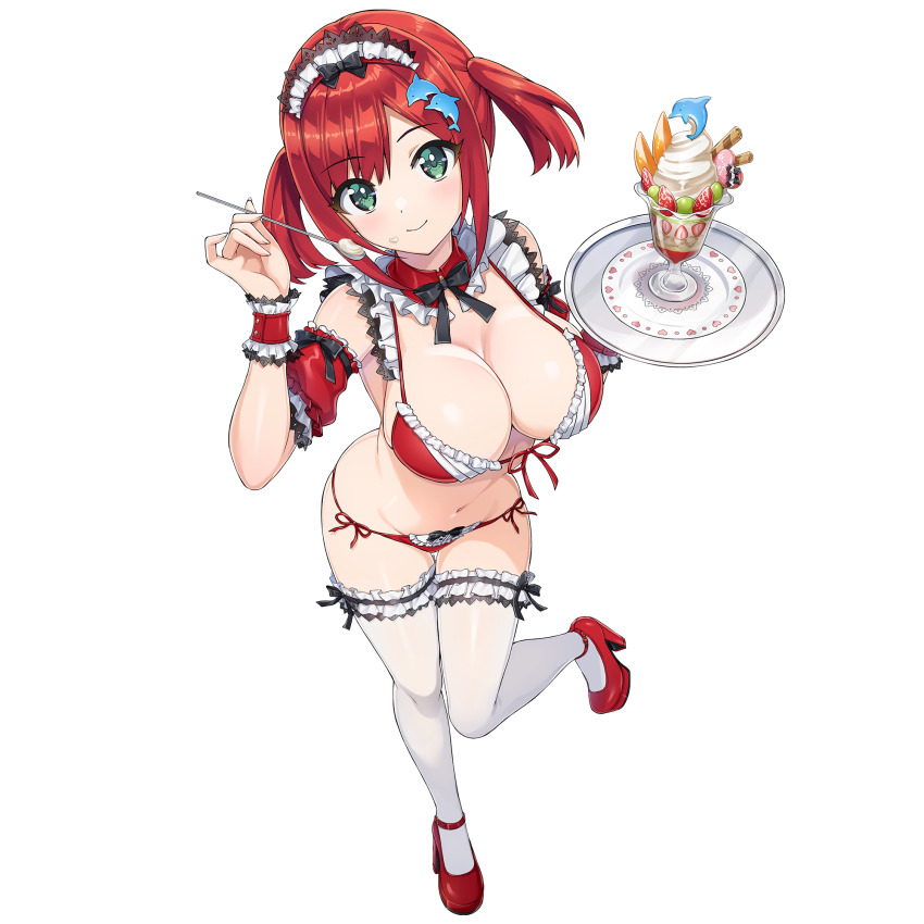 1girl apron bikini bow bow_bikini breasts choker cleavage closed_mouth dolphin_hair_ornament dolphin_wave food food_on_face frilled_bikini frilled_choker frills fruit game_cg green_eyes high_heels highres holding holding_spoon holding_tray ice_cream large_breasts leg_up light_blush looking_at_viewer maid maid_bikini maid_headdress medium_hair navel non-web_source official_alternate_costume official_art ootomo_takuji parfait red_bikini red_hair red_shoes sakimiya_iruka shoes side-tie_bikini_bottom smile spoon standing standing_on_one_leg strawberry sundae swimsuit thighhighs transparent_background tray twintails unconventional_maid whipped_cream white_thighhighs wrist_cuffs