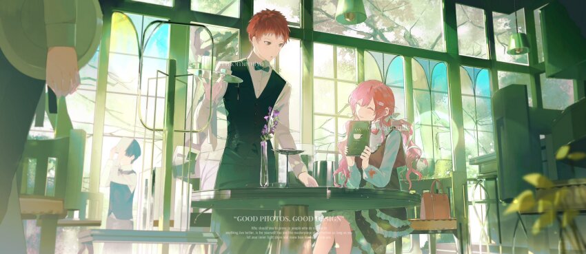 1boy 1girl alternate_costume bag black_vest blue_bow blue_bowtie bow bowtie brown_eyes chair closed_eyes closed_mouth commissioner_insert couple cup dress drinking_glass emiya_shirou fate/stay_night fate_(series) flower gaoyue_jixiang hair_ornament hair_ribbon handbag highres holding holding_menu holding_tray indoors long_hair long_sleeves looking_at_another menu momomiya_shizuku_(gaoyue_jixiang) oc_x_canon on_chair orange_hair original parted_lips people pink_hair puffy_long_sleeves puffy_sleeves purple_flower red_dress restaurant ribbon shirt short_hair sitting smile table tray twintails vest waiter white_ribbon white_shirt window