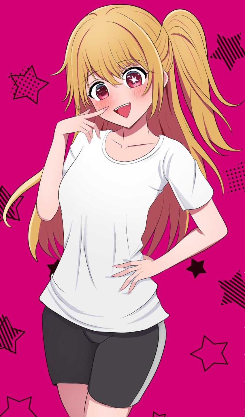 absurdres black_shorts highres hoshino_ruby oshi_no_ko pink_background self-upload shirt shorts star_(symbol) star_print symbol-shaped_pupils white_shirt yissou_art