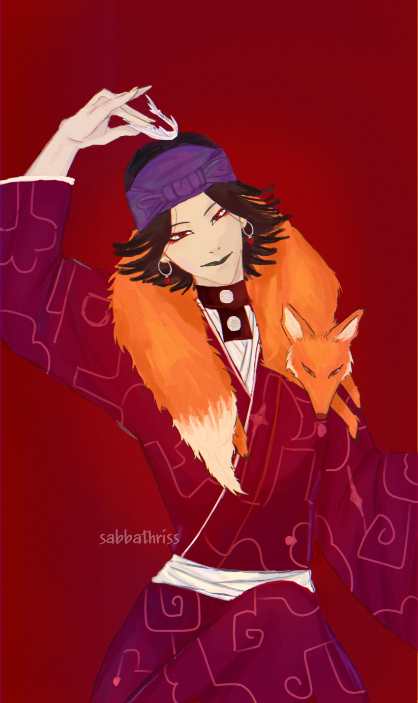 1girl ainu ainu_clothes arm_up artist_name black_hair black_lips bone earrings fox golden_kamuy headband highres holding holding_bone hoop_earrings inkarmat japanese_clothes jawbone jewelry kimono looking_at_viewer makeup purple_headband red_background red_eyes sabbathriss short_hair simple_background smile