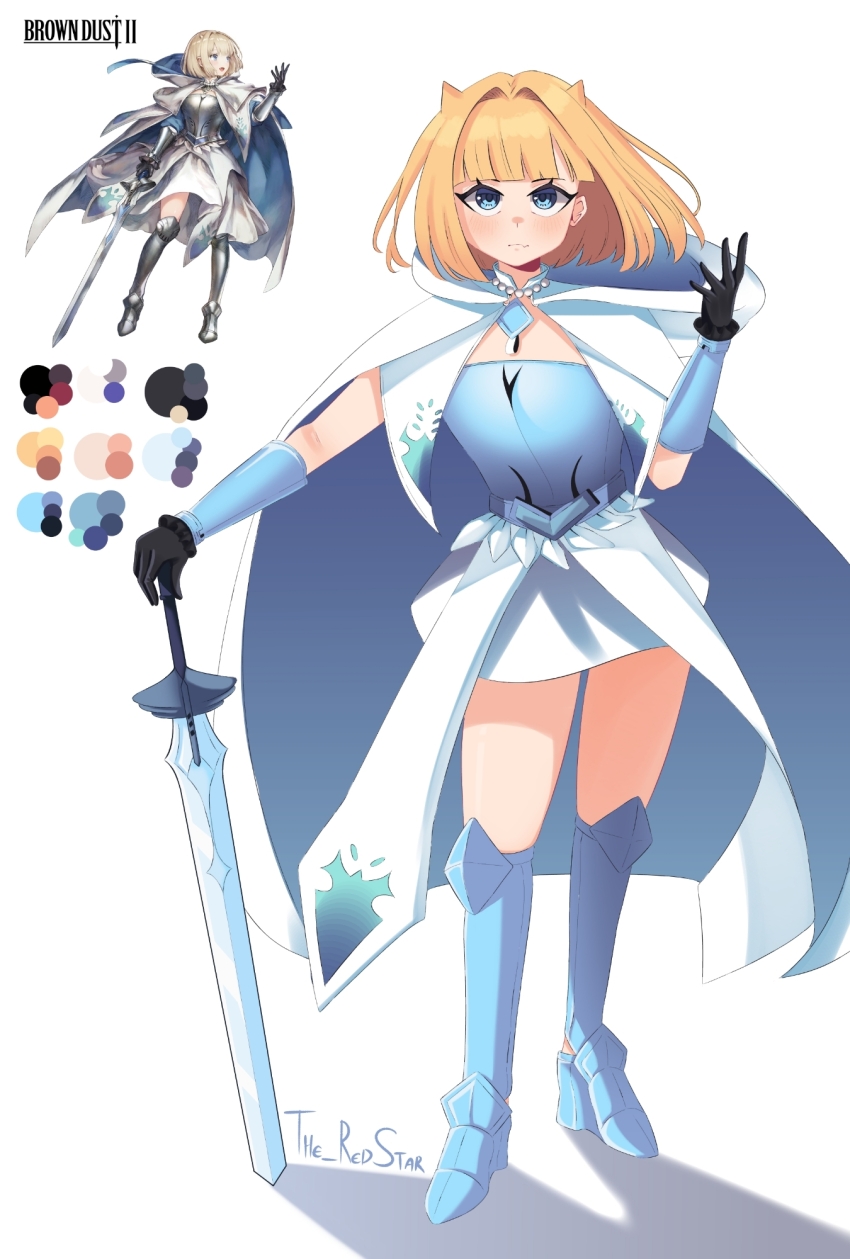 1girl armor black_gloves blonde_hair blue_eyes blush brown_dust_(series) brown_dust_2 chest_armor cloak closed_mouth color_guide demon_horns eyebrows_hidden_by_hair full_body gloves greaves highres holding holding_sword holding_weapon hood hooded_cloak horns jewelry justia_(brown_dust) justia_(white_reaper)_(brown_dust) looking_at_viewer necklace official_art_inset pearl_necklace shadow short_hair signature simple_background skirt small_horns solo sword the_redstar vambraces weapon white_background white_skirt