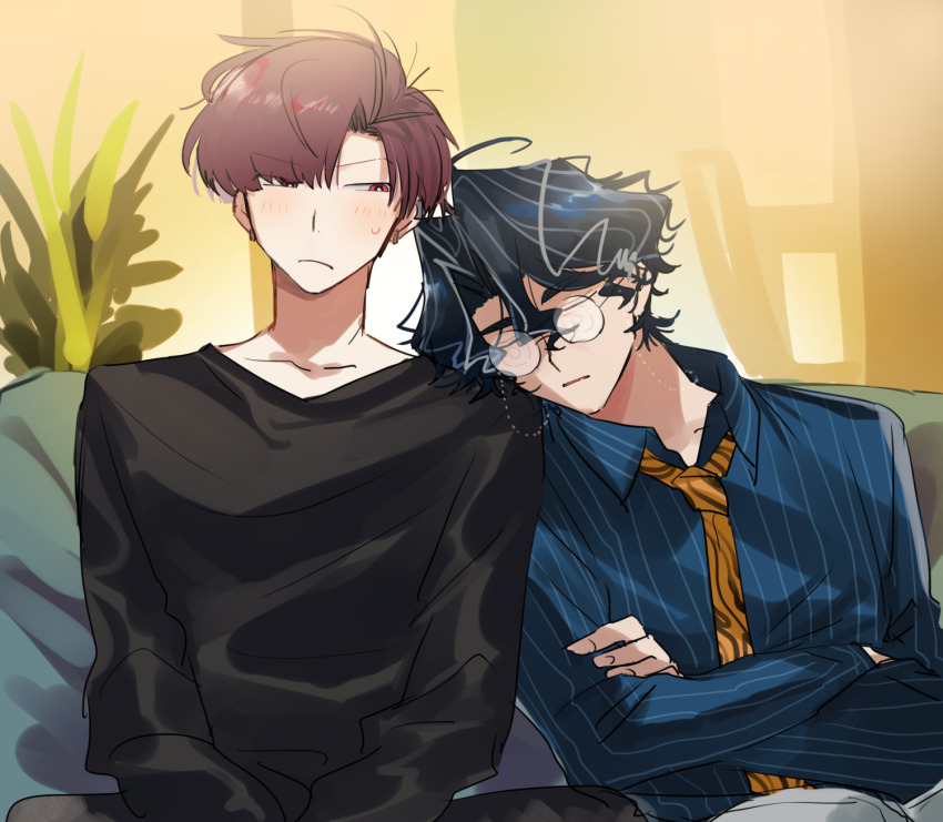 2boys ahoge black_hair black_shirt blue_shirt blush closed_eyes closed_mouth collarbone collared_shirt commentary_request couch crossed_arms eyewear_strap fate/grand_order fate_(series) frown glasses grey_hair hair_between_eyes head_on_another&#039;s_shoulder highres indoors long_sleeves male_focus multicolored_hair multiple_boys necktie on_couch open_mouth parted_bangs plant print_necktie red_eyes red_hair round_eyewear shirt short_hair sideways_glance sitting sleeping sleeping_upright streaked_hair striped_clothes striped_shirt sweatdrop takasugi_shinsaku_(fate) takasugi_shinsaku_(first_ascension)_(fate) upper_body v-shaped_eyebrows vertical-striped_clothes vertical-striped_shirt wing_collar yellow_necktie yoshida_shouin_(fate) yuu_(areruya)