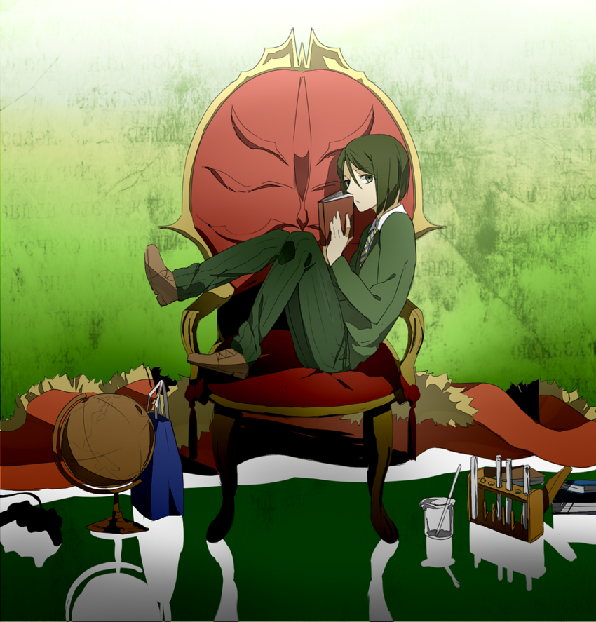 1boy bob_cut book cape chemistry_set controller fate/zero fate_(series) game_controller globe green_eyes green_hair highres male_focus matching_hair/eyes necktie reflection shinishi_chiho short_hair sitting solo waver_velvet