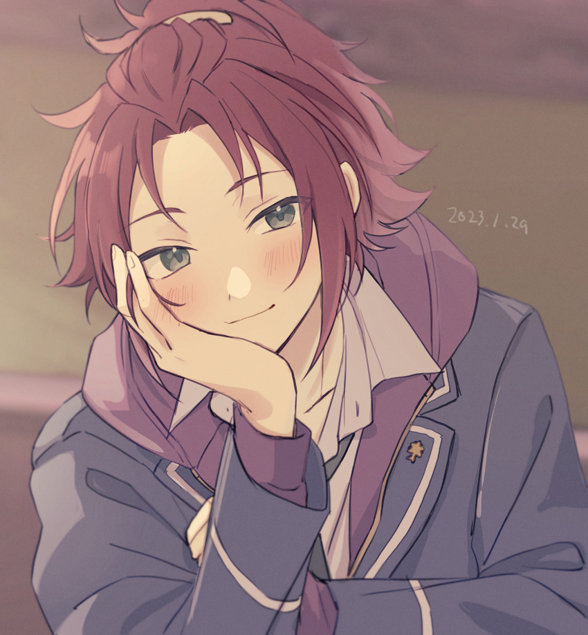 1boy absurdres bangs_pinned_back blue_jacket blurry blurry_background blush closed_mouth dated ensemble_stars! green_eyes hand_on_own_cheek hand_on_own_face highres hood hoodie isara_mao jacket long_sleeves looking_at_viewer male_focus purple_hoodie red_hair reijiro smile solo upper_body