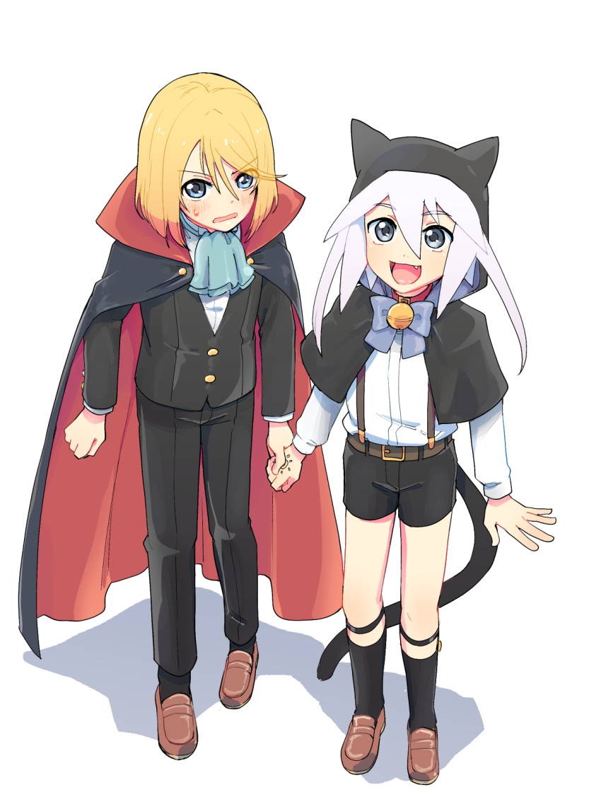 2boys animal_ears animal_hood aqua_ascot azuma_yukihiko bell black_cape black_headwear black_shorts blonde_hair blue_eyes cape cat_boy cat_ears cat_hood cat_tail child fang genius_sage highres hood jingle_bell long_sleeves looking_at_another looking_at_viewer male_focus medium_hair mithos_yggdrasill multiple_boys open_mouth shorts tail tales_of_(series) tales_of_symphonia two-sided_cape two-sided_fabric vampire_costume white_hair yaoi