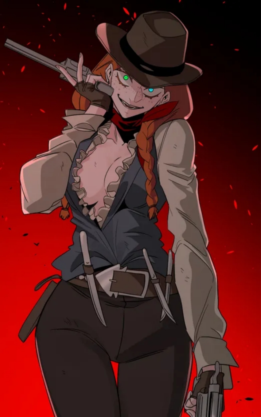1girl black_pants blue_eyes blue_shirt braid brown_hair cowboy_clothes cowboy_hat female_focus green_eyes gun hand_up hat hero_killer heterochromia highres long_braid long_sleeves looking_at_viewer open_mouth pants rebecca_bernstein shirt smile twin_braids walking weapon white_sleeves