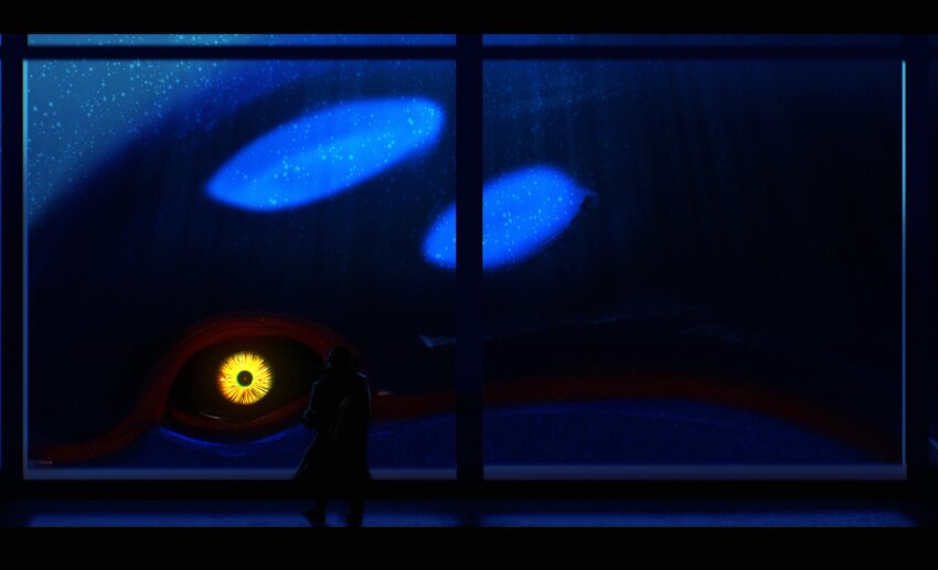 1other absurdres coat commentary crain1art dark gen_3_pokemon glowing glowing_eyes highres kyogre legendary_pokemon looking_at_viewer nintendo pokemon pokemon_(creature) pokemon_focus standing water window yellow_eyes