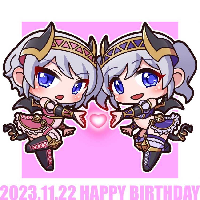 2girls :d absurdres akari_(princess_connect!) black_footwear black_wings blue_eyes blush boots chibi commentary_request dated demon_girl demon_horns demon_tail demon_wings frills grey_hair hairband happy_birthday heart highres horns knee_boots lace-up_boots multiple_girls open_mouth outline pink_background pink_hairband princess_connect! purple_hairband saishosaisekojo siblings sisters smile standing standing_on_one_leg tail tail_ornament tail_ring twins two-tone_background white_background white_outline wings yori_(princess_connect!)