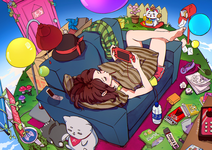 1girl absurdly_detailed_composition anatomical_model balloon bottle box brown_hair candy cat cellphone chips_(food) chocolate chocolate_bar cloud cloudy_sky couch crossed_legs crumpled_paper door fish flower_pot food grass handheld_game_console hat lamp lying magion02 mail mailbox mushroom on_back original pencil pencil_case phone pillow pinwheel plant playstation_portable pocky potato_chips shorts signpost sketchbook sky tank_top unworn_hat unworn_headwear vines water_bottle watering_can