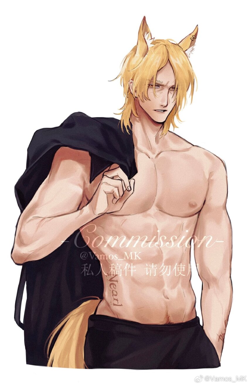 1boy abs animal_ear_piercing animal_ears arknights bara blonde_hair brown_eyes collarbone extra_ears fingernails highres holding holding_jacket holding_unworn_clothes horse_boy horse_ears horse_tail jacket looking_at_viewer male_focus mlynar_(arknights) muscular parted_lips pubic_hair pubic_hair_peek short_hair simple_background solo tail topless_male unworn_jacket vamos_mk white_background