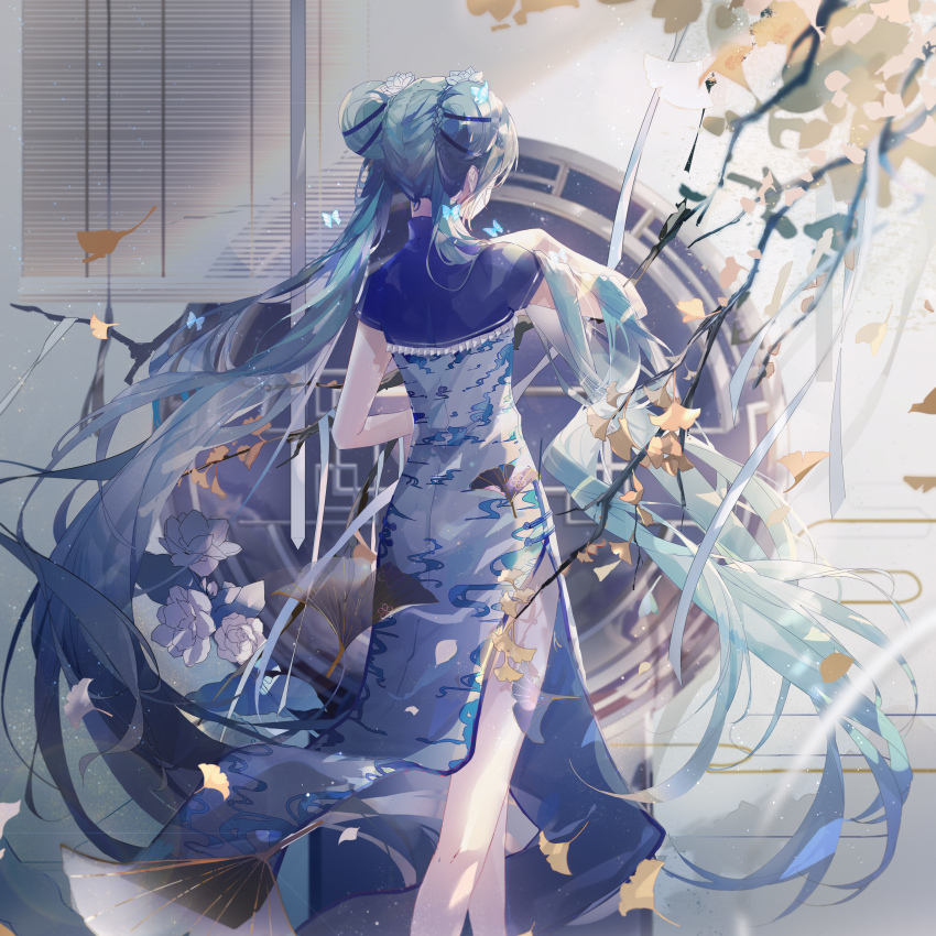 1girl absurdres alternate_hairstyle aqua_hair autumn_leaves bad_id bad_pixiv_id bamboo_screen blue_butterfly blue_ribbon braid braided_bun branch bug butterfly butterfly_on_head china_dress chinese_clothes double_bun dress facing_away feet_out_of_frame female_focus flower frills from_behind ginkgo_leaf hair_bun hair_flower hair_ornament hair_over_shoulder hair_ribbon hatsune_miku highres insect leaf long_hair mamenomoto ribbon round_window short_sleeves side_slit solo transparent twintails very_long_hair vocaloid walking white_flower wind window