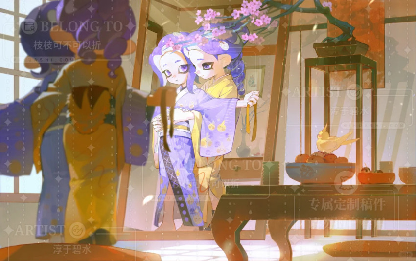 2girls bird cup cybishui dressing_another drill_hair drill_ponytail eyebrow_cut fruit_bowl full_body indoors japanese_clothes kimono long_sleeves looking_at_another medium_hair mirror multiple_girls nintendo obi octoling octoling_girl octoling_player_character parted_bangs print_kimono purple_eyes purple_hair purple_kimono sash splatoon_(series) standing tentacle_hair too_many_watermarks watermark wide_sleeves yellow_kimono yunomi