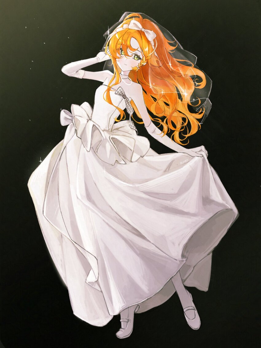 1girl adjusting_hair alternate_costume bare_shoulders black_background bow bow_hairband braided_sidelock dress elbow_gloves full_body gloves green_eyes hair_between_eyes hairband hand_up highres long_hair looking_at_viewer orange_hair pantyhose reverse:1999 see-through_clothes see-through_veil shoes skirt_hold smile solo sonetto_(reverse:1999) sparkle standing strapless strapless_dress tiptoes veil wedding_dress white_bow white_dress white_gloves white_hairband white_pantyhose white_shoes yunggeon