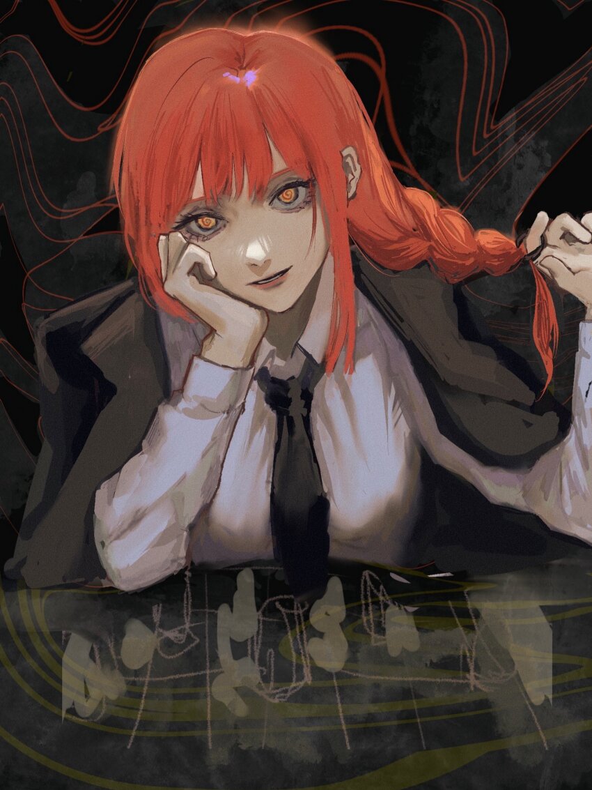 1girl @_@ abstract_background black_eyeliner black_necktie black_pants braid braided_ponytail business_suit chainsaw_man collared_shirt elbows_on_table eyelashes eyeliner formal_clothes hand_rest head_rest head_tilt highres long_hair long_sleeves looking_at_viewer makeup makima_(chainsaw_man) necktie norimyao office_lady pants red_hair ringed_eyes shirt sidelocks single_braid solo suit table untying_hair white_shirt yellow_eyes