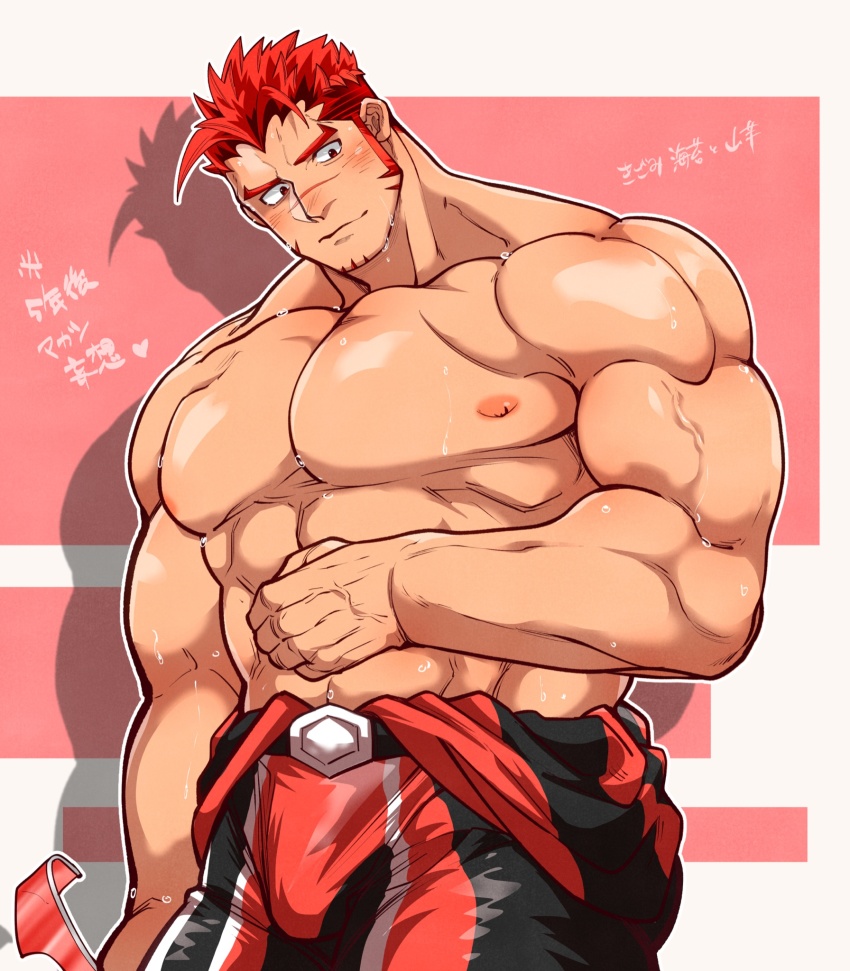 1boy akashi_(live_a_hero) bara blush bodysuit facial_hair goatee highres kizami_nori_to_yamaimo large_pectorals live_a_hero long_sideburns looking_to_the_side male_focus multicolored_hair muscular muscular_male pectorals red_eyes red_hair scar scar_on_face scar_on_nose short_hair sideburns solo sweat thick_eyebrows topless_male
