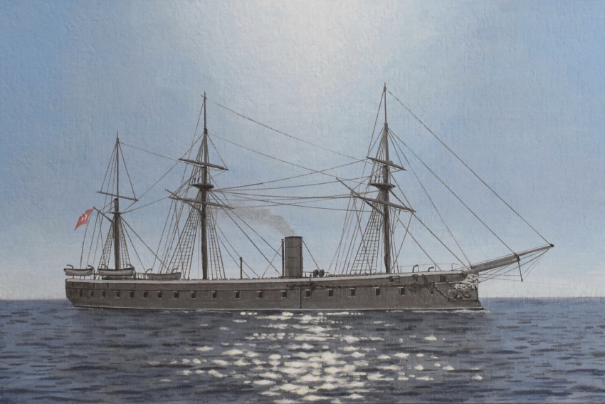 acrylic_paint_(medium) atelier_bono blue_sky flag highres ironclad mast mehmediye_(ironclad) military_vehicle no_humans ocean original ottoman_navy painting_(medium) reflection reflective_water ship sky smokestack traditional_media vehicle_focus warship watercraft weapon