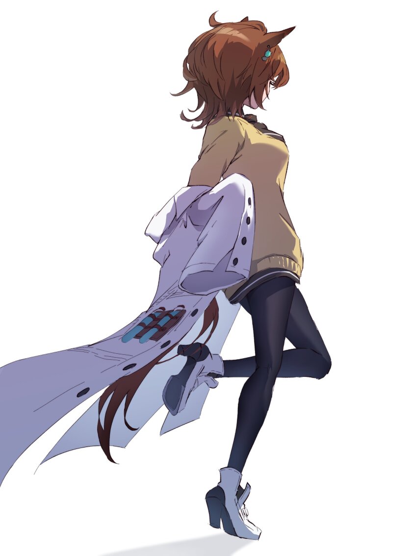1girl absurdres agnes_tachyon_(umamusume) ahoge animal_ears black_pantyhose breasts brown_hair chemical_structure cork earrings from_side full_body high_heels highres horse_ears horse_girl horse_tail jewelry lab_coat leg_up looking_to_the_side messy_hair off_shoulder pantyhose short_hair simple_background single_earring small_breasts solo standing standing_on_one_leg sweater tail test_tube tiptoes umamusume watou white_background white_footwear yellow_sweater