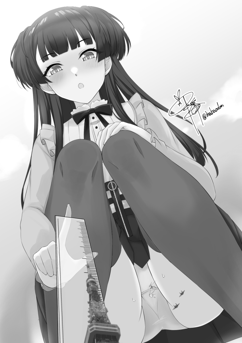 1girl aircraft airplane black_hair black_ribbon black_skirt black_thighhighs blunt_bangs blush commission fighter_jet giant giantess highres holding_ruler idolmaster idolmaster_shiny_colors inaba_oden long_hair long_sleeves looking_down mayuzumi_fuyuko military_vehicle neck_ribbon open_mouth panties pantyshot ribbon ruler signature skeb_commission skirt solo squatting thighhighs tokyo_tower twitter_username two_side_up underwear white_panties