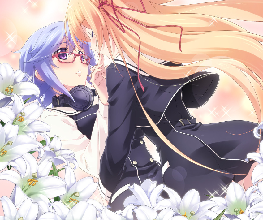 2girls belt_buckle black_dress black_jacket blonde_hair blue_hair blush breasts buckle chaos;child closed_eyes cropped_jacket dress dutch_angle finger_to_mouth floating_hair flower game_cg glasses hair_between_eyes hair_ribbon headphones headphones_around_neck hekiho_academy hekiho_academy_school_uniform highres hug jacket kazuki_hana kurusu_nono lily_(flower) long_hair long_sleeves multiple_girls non-web_source official_art parted_lips purple_eyes red_ribbon ribbon sailor_collar sasaki_mutsumi school_uniform short_dress sidelocks very_long_hair white_flower white_lily white_sailor_collar white_sleeve_cuffs yuri