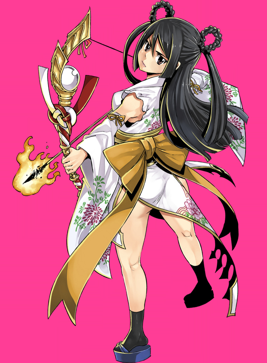 1girl black_hair bow bow_(weapon) braid braided_hair_rings brown_eyes detached_sleeves flaming_arrow full_body gate_of_nightmares hair_rings hairstyle_request highres holding holding_weapon japanese_clothes long_hair looking_at_viewer mashima_hiro official_art robe sandals socks solo transparent_background weapon white_robe white_sleeves white_socks yellow_bow yurina_(gate_of_nightmares)