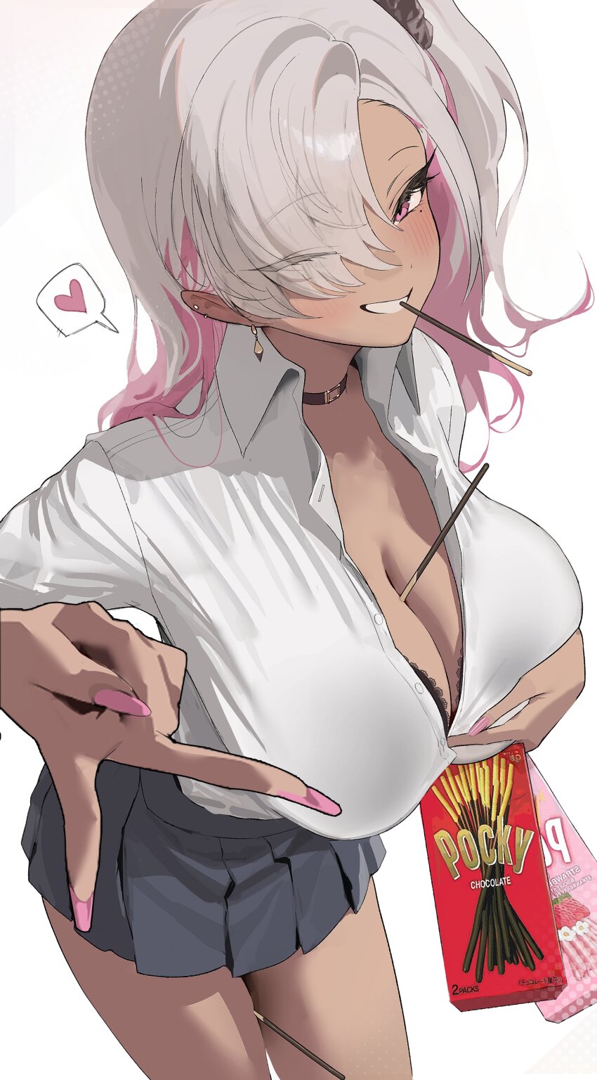 1girl ;d absurdres asymmetrical_bangs between_breasts between_thighs black_bra blush bra bra_peek breasts cleavage commentary_request earrings fingernails food food_between_breasts grey_hair grey_skirt gyaru hair_ornament hair_over_one_eye hair_scrunchie hand_on_own_chest heart highres jewelry kogal lace lace-trimmed_bra lace_trim large_breasts looking_at_viewer miniskirt mole mole_under_eye mouth_hold multicolored_hair nail_polish oh_(aung_ae) one_eye_closed one_side_up open_collar open_mouth original pink_hair pleated_skirt pocky scrunchie skindentation skirt smile solo spoken_heart stud_earrings tan two-tone_hair underwear v