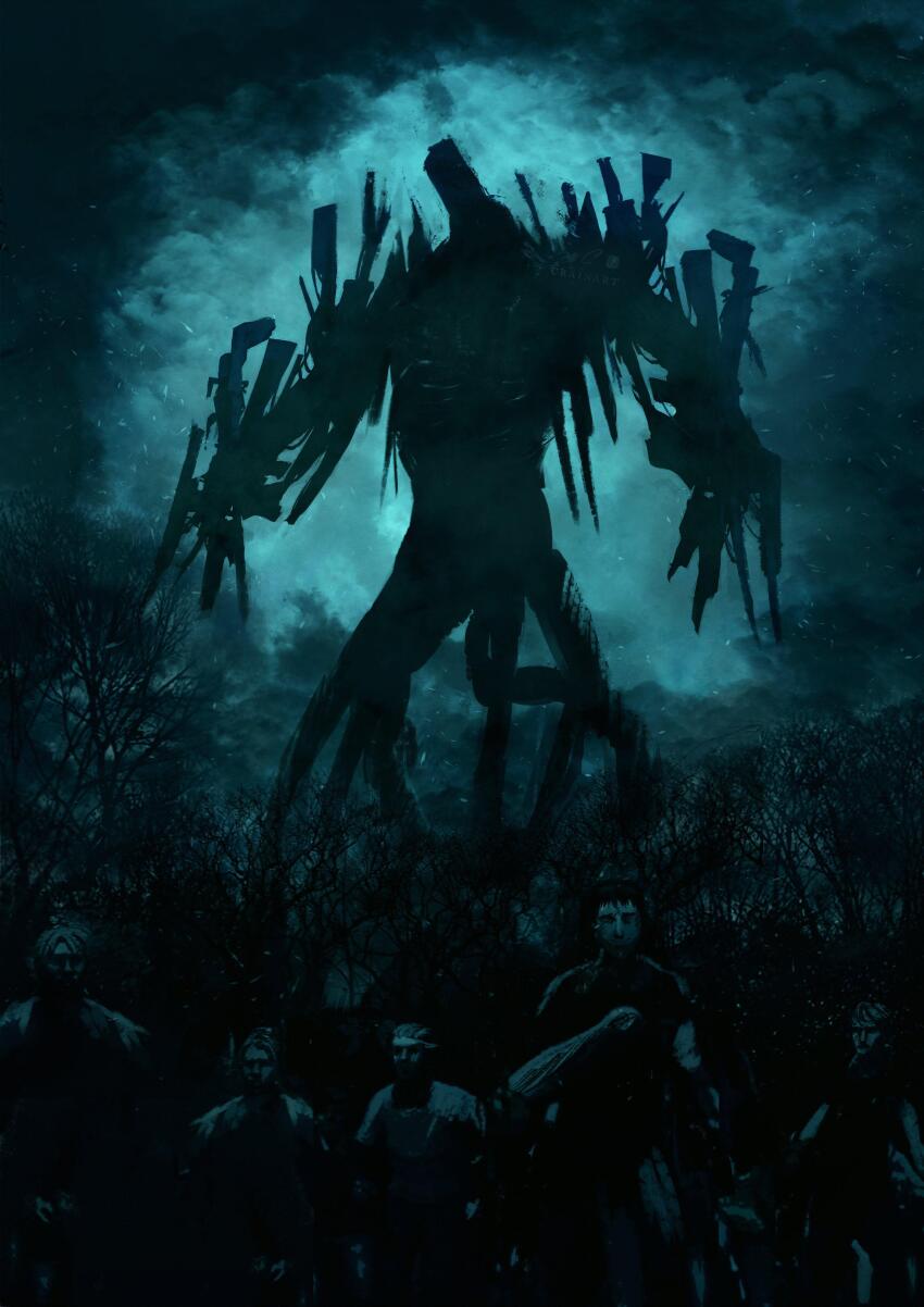 1other 5boys absurdres agni_face_(meme) artist_name assault_rifle blue_background blue_theme chainsaw_man character_request cloud cloudy_sky crain1art flying forest gun gun_devil_(chainsaw_man) handgun highres instagram_logo meme monochrome monster multiple_boys nature partially_shaded_face rifle silhouette sky twitter_logo weapon