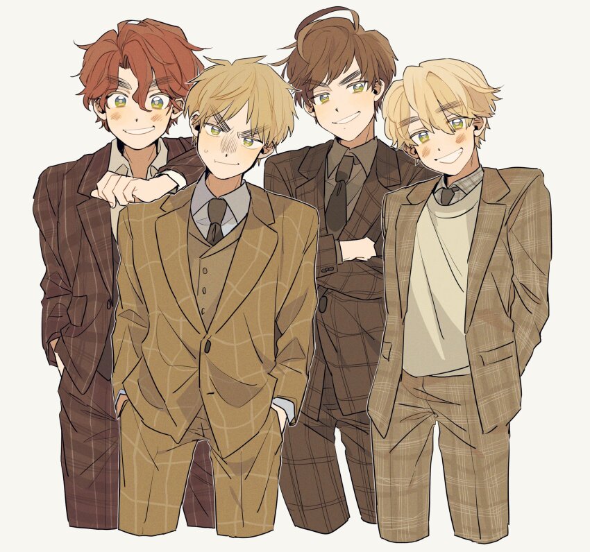 4boys arms_behind_back axis_powers_hetalia black_necktie blonde_hair brown_hair brown_jacket brown_pants brown_vest buttons checkered_clothes checkered_jacket closed_mouth collared_shirt commentary cowboy_shot crossed_arms fingernails formal_clothes green_eyes hair_between_eyes hand_on_another&#039;s_shoulder hand_up hands_in_pockets highres jacket lapels long_sleeves looking_at_viewer male_focus multiple_boys necktie ninonuko northern_ireland_(hetalia) open_clothes open_jacket pants plaid_clothes plaid_shirt red_hair scotland_(hetalia) shirt short_hair simple_background smile standing suit suit_jacket sweatdrop sweater_vest symbol-only_commentary teeth united_kingdom_(hetalia) v-shaped_eyebrows vest wales_(hetalia) white_background white_shirt white_sweater_vest