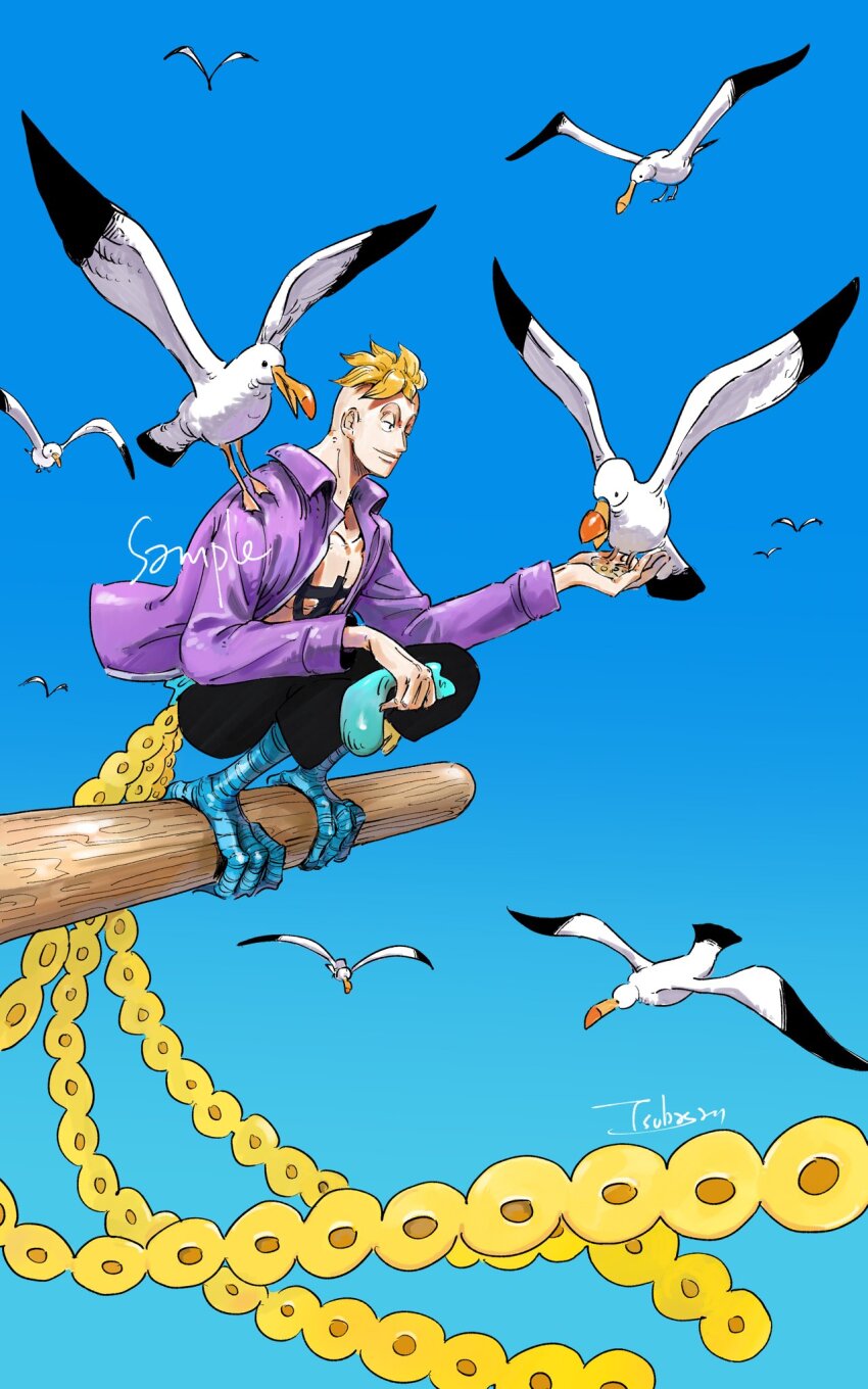 1boy alternate_form bird blonde_hair blue_sky collared_shirt commentary_request feeding full_body harpy_boy highres male_focus marco_(one_piece) monster_boy one_piece open_clothes open_shirt purple_shirt seagull shirt short_hair signature sky smile solo squatting tail tsubasa_1chi