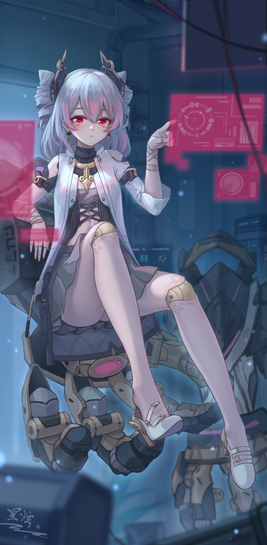 1girl absurdres bare_legs breasts crop_top doll_joints drill_hair earrings grey_skirt hair_between_eyes hair_ornament high_heels highres holographic_touchscreen honkai_(series) honkai_impact_3rd indoors jacket jewelry joints looking_at_viewer medium_hair prometheus_(honkai_impact) red_eyes sitting sitting_on_object skirt small_breasts solo stomach thighs twin_drills white_jacket yelan_xing_xuan