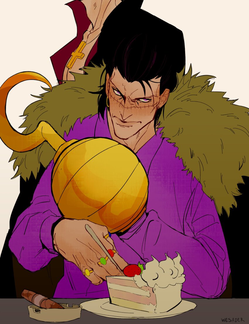 2boys absurdres artist_name ashtray black_hair black_jacket cake cake_slice cigar crocodile_(one_piece) cross crucifix dracule_mihawk food fork fruit fur-trimmed_jacket fur_trim highres holding holding_fork hook_hand jacket jacket_on_shoulders jewelry looking_at_viewer multiple_boys one_piece plate purple_eyes purple_shirt ring scar scar_on_face shirt simple_background solo_focus strawberry wesaier white_background